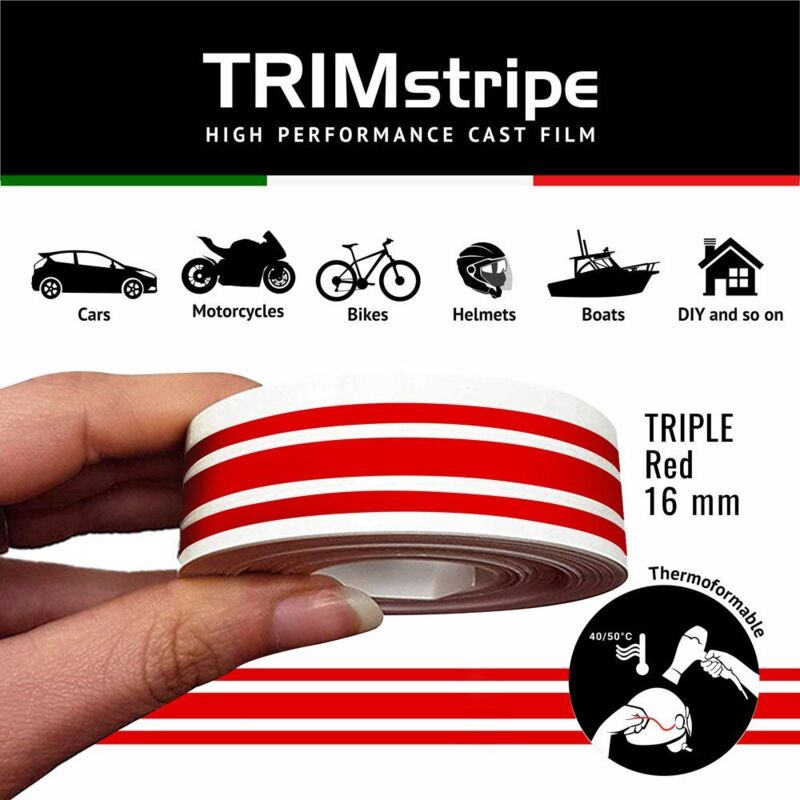 Trim Stripe Strisce Adesive per Auto, 3 Fili, Rosso - Dimensione: 16 MM X 10 MT
