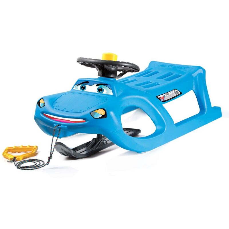 

Trineo Zigi-Zet Steering- en forma de coche, con deslizadores de acero y cuerda - con volante y bocina, y pala deslizadora direccionable