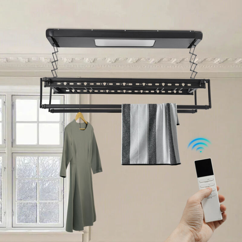 Tringle à linge électrique rétractable avec éclairage, dotée d'une fonction de chauffage électrique télécommandée. Portée de la télécommande : 20