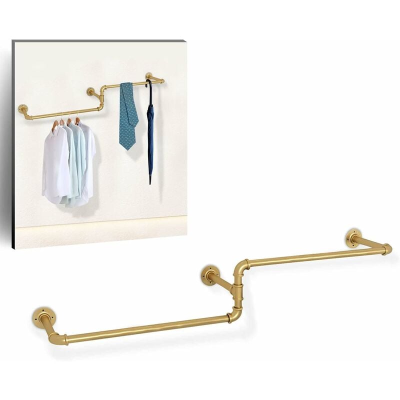 Tringle à linge industrielle, 180 cm de long, montage mural, tube mural industriel, couleur or, pour suspendre des vêtements pour la maison, les