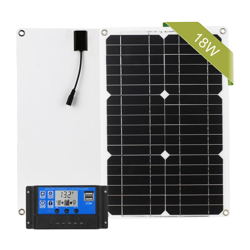 Kit de panneau solaire 18 W 12 V, module monocristallin hors réseau avec contrôleur de charge solaire, kits de câbles de connexion SAE