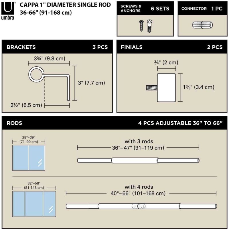 Umbra - Tringle à rideaux en métal noir mat Cappa Longueur réglable de 91 à 168 cm