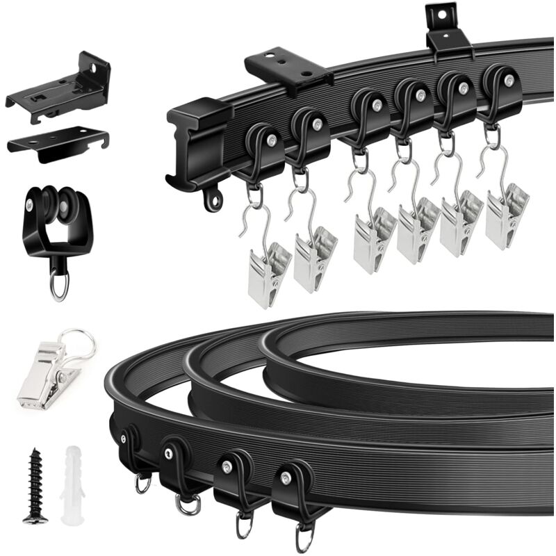 Tringle à rideaux pliable pour baie vitrée, rail à rideau flexible à fixation murale au plafond, rails de rideaux et raccords, 3 mètres noir
