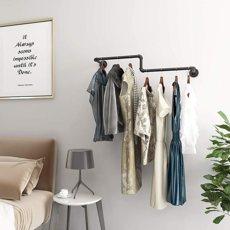 Tringle à vêtements murale style industriel en fer rustique, barre de rangement et exposition pour magasin, salon, armoire, noir