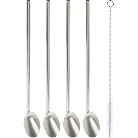 Trinkhalme aus Metall, Löffel-Form, 4er-Set + Reinigungsbürste