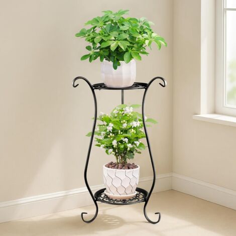 Trintion 2 Tier Metal Plant Stand Indoor Outdoor, Tall Flower Pot Holder Display Rack, Plant Shelf Table for Garden Patio Balcony Living Room Corner, Black Metal Plant Rack 61x33cm (White)