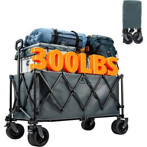 Trintion 300L Folding Trolley on Wheels Heavy-Duty Utility Wagon with Adjustable Handle, Foldable Garden Cart for Camping, Beach, Picnic, Shopping & Outdoor Transport (Grey)