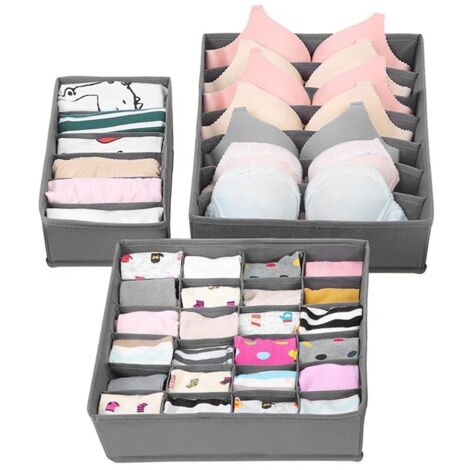 Trintion 3PCS Drawer Organiser Divider 6 7 24 Cells Foldable Wardrobe Organiser Fabric Dividers Storage Boxes for Bras Underwear Socks Ties Dresser Jewelry Grey
