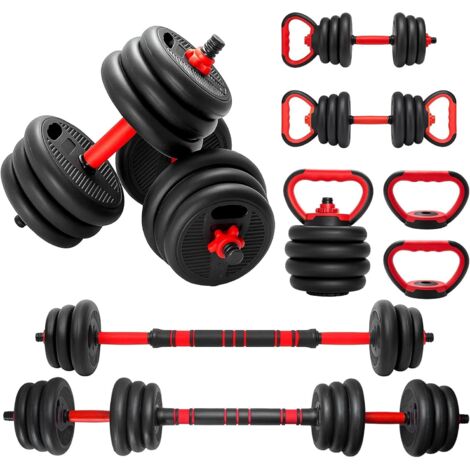 Trintion 4-in-1 verstellbares Hantelset mit Langhantel- und Kugelhantelgriffen, freies Gewichtstrainingsset für die Fitness im Heim-Fitnessstudio, 20 kg, Schwarz/Rot