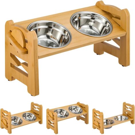 Trintion 6-Level Adjustable Bamboo Dog Bowl Stand with 2 Stainless Steel Bowls, 15° Tilted Elevated Feeding Station for Small Medium Dogs Cats - Foldable Pet Food Dish Holder