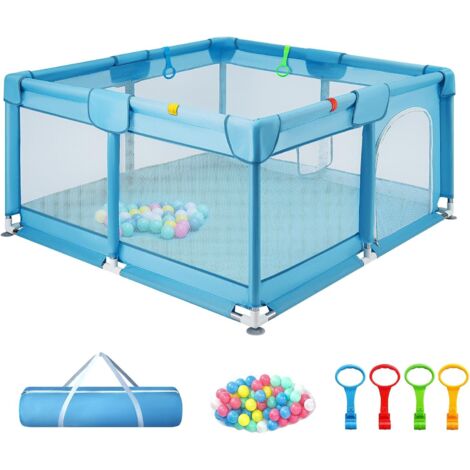 Trintion Baby Playpen for Toddlers with Soft Fabric Bumpers, Large Safety Play Yard with Mesh Walls, Ocean Balls & Pull Rings Included, Indoor & Outdoor Baby Fence (Blue, 127x127cm)