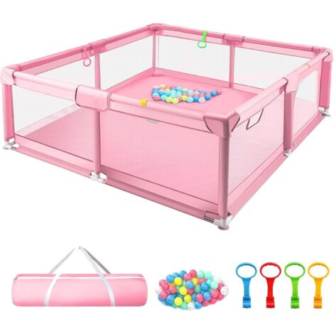 Trintion Baby Playpen for Toddlers with Soft Fabric Bumpers, Large Safety Play Yard with Mesh Walls, Ocean Balls & Pull Rings Included, Indoor & Outdoor Baby Fence (Pink, 150x180cm)