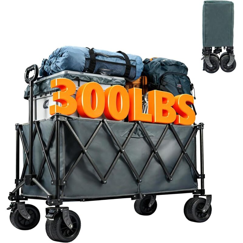 Trintion 300L Folding Trolley on Wheels Heavy-Duty Utility Wagon with Adjustable Handle, Foldable Garden Cart for Camping, Beach, Picnic, Shopping &