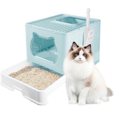 Trintion Cat Litter Box with Hooded, Large Space Foldable Cat Litter Tray, with Slide-Out Tray and Scoop Blue