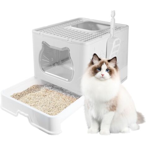 Trintion Cat Litter Box with Hooded, Large Space Foldable Cat Litter Tray, with Slide-Out Tray and Scoop (Grey)