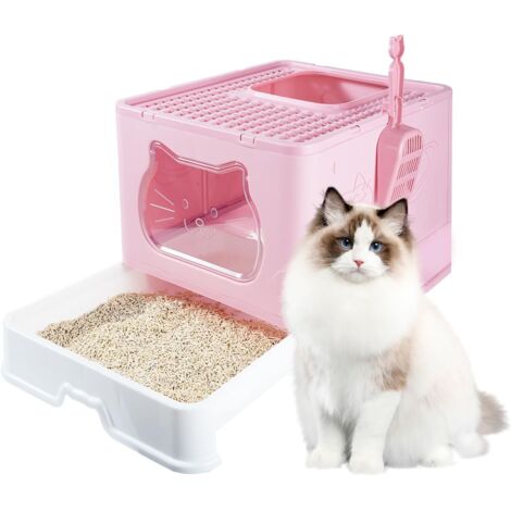 Trintion Cat Litter Box with Hooded, Large Space Foldable Cat Litter Tray, with Slide-Out Tray and Scoop (Pink)