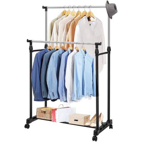 Trintion Clothes Rail 83x42x90-160cm Double Clothes Rack with Wheels Adjustable Dress Coat Garment Hanging Clothes Rail Rack Storage Stand