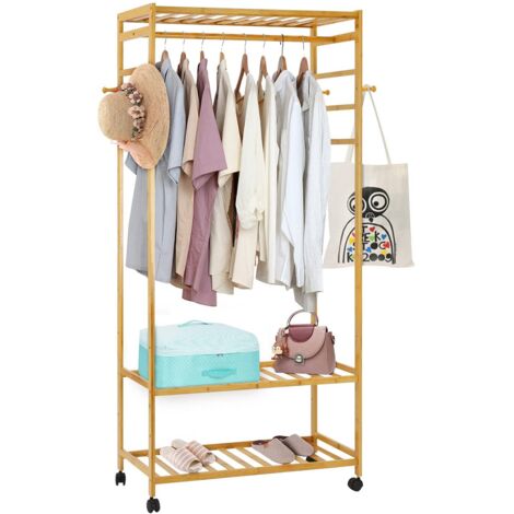 Trintion Clothes Rail Bamboo Open Wardrobe Coat Rack Stand Garment Rack with Shelves Clothes Hanging Storage Organiser for Bedroom Hallway Living Room 168 x 41 x 78 cm