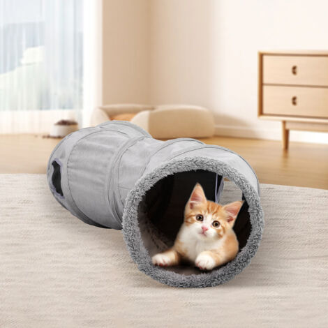 Trintion Collapsible Cat Tunnel Toy with Square & Round Holes, Gray - Fun Indoor Play Tunnel for Cats, Kittens, and Small Pets (Straight)