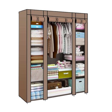 Trintion Fabric Canvas Wardrobe Cloth Wardrobes For Bedroom Clothes Storage Organiser with Hanging Rail Storage Cupboard Unit for Bedroom Living Room,Bedroom Storage, (Brown)