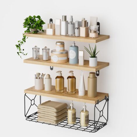 Trintion Floating Shelves Set of 3 Rustic Mounted Shelf with Metal Basket, Wall Shelves for Room Decor, Bedroom, Living Room, Kitchen, Bathroom, Office (Natural)
