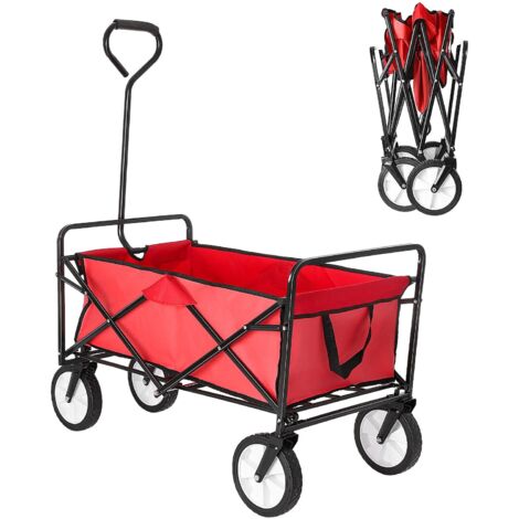 Trintion Folding Camping Wagon Collapsible Garden Cart Heavy Duty Beach Trolley with Side Pocket Garden Picnic Shopping Wagons (Red)