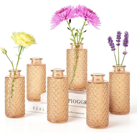 Trintion Glasvase 6er-Set (13 cm)  Kleine Vintage Vasen mit Diamantschliff, Mini-Tischvase & Teelichthalter, Deko-Gläser für Hochzeitsdeko, Tischdeko, Fensterbank & Home Decor (6, Bernstein)