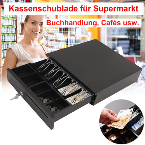 Trintion Kassenlade Elektrisch Kassenschublade mit 5 Münzfächer 5 Scheinfächer Geldlade Elektrische und Manuelle Öffnung Geldschublade Geldbox Banknotenfächern Schwarz