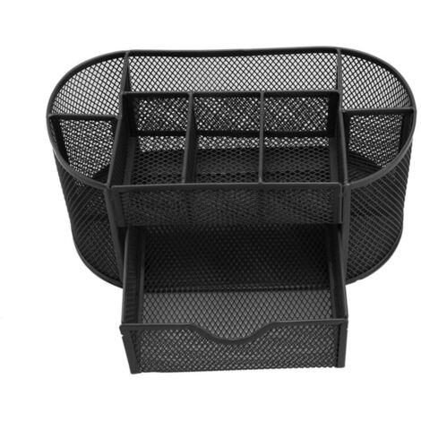 Trintion Mesh Desk Organiser Multifunctional Metal Mesh Desk Tidy 8 Components Pen Holder with Drawer Stationary Storage Organizer for Home Office School Black