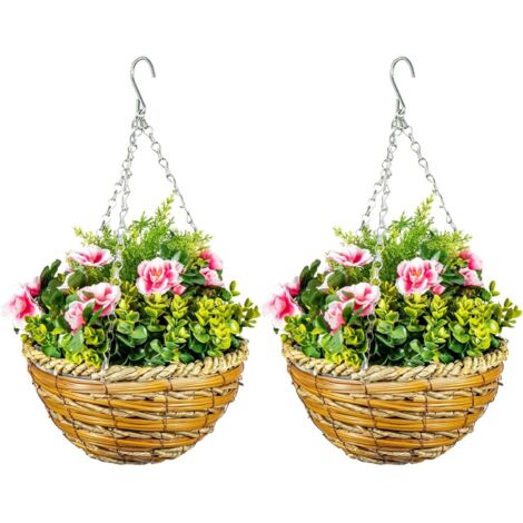 Trintion Set of 2 Artificial Lavender Flowers Hanging Plants With Basket Faux Silk Flowers For Outdoor & Indoor Decor For Patio Balcony Porch Decoration Decorative Baskets (Pink)