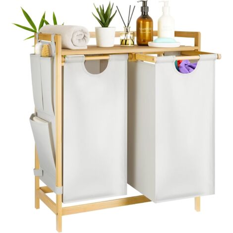 Trintion Wäschekorb 2 Fächer aus Bambus, Wäschesammler 100 L (2 x 50 L)  Wäschesortierer mit Ablage, abnehmbarer Wäschesack & seitliche Taschen, Natur-Optik, 94 x 33 x 78 cm (Beige Klein)