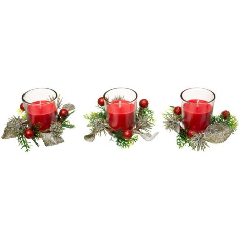 Trio Kerze Tischzentrum mit Dekoblättern 180 gr rot - Feeric lights & christmas