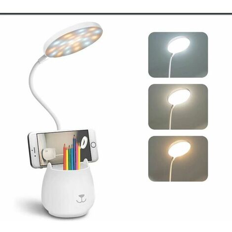 TRIO Lámpara de escritorio LED, con soporte para bolígrafo, soporte para teléfono, inalámbrico, control táctil, luz ajustable flexible, batería recargable por USB, adecuada para dormitorio, oficina, n