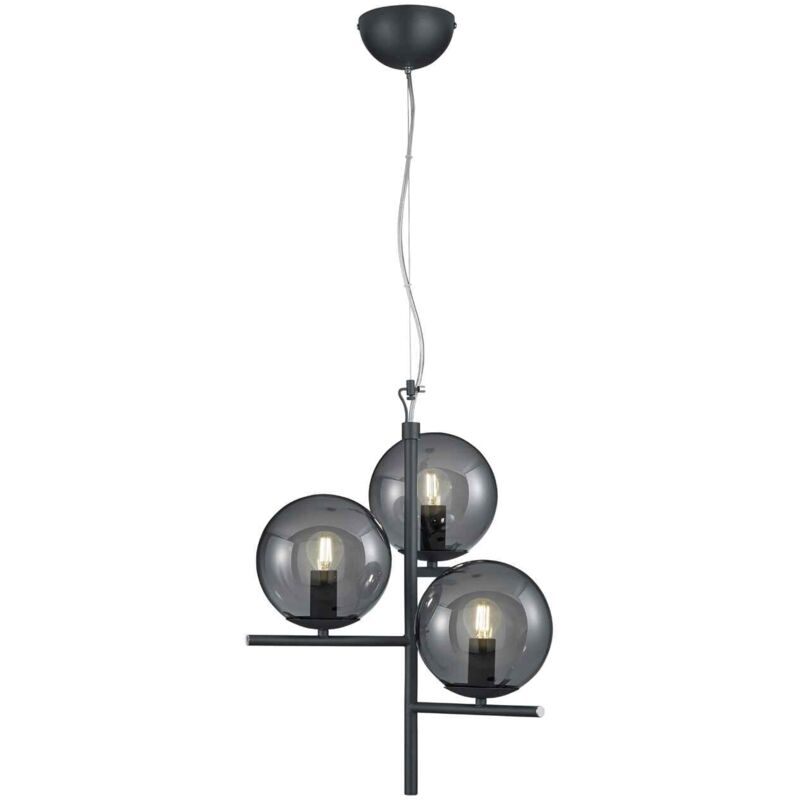 Lampada a sospensione 3 luci, metallo e vetro, antracite e fumé, d 40 cm, Pure