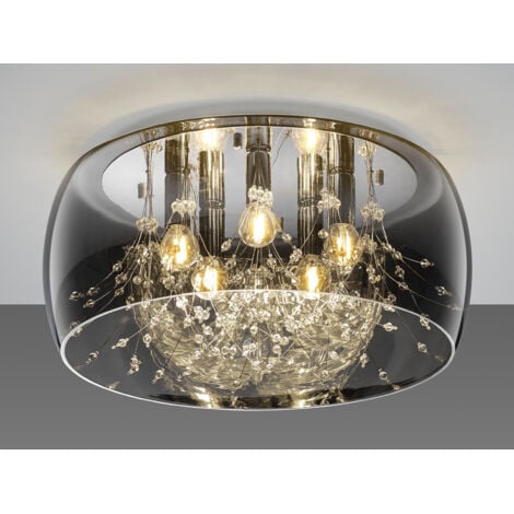 TRIO LIGHTING Kristall Deckenleuchte CRYSTEL Glas Chrom verspiegelt & Rauchglas Optik Ø 50cm