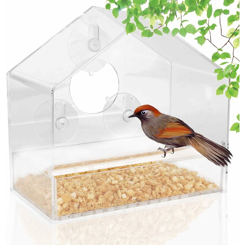 TRIOM Birdhouse and Feeder Comedero de ventana de acrílico, Comedero de pájaros transparente Casa de ventana, Bandeja de comedero deslizante
