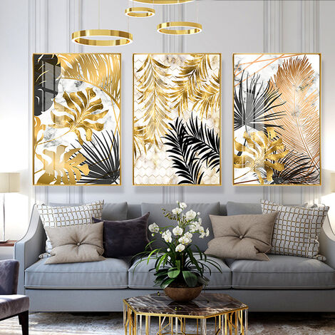 Lot de 3 affiches murales design forêt feuille d'or palmier sans cadre salon  décoration murale (uniquement noyau de peinture)