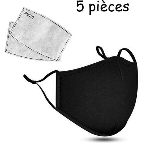 TRIP Masque de protection réutilisable en 5 couches, lavable et durable avec pince de nez insérée, masque de protection pour un usage quotidien, noir 5 pièce