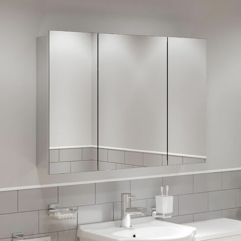 Triple Door Bathroom Mirror Cabinet Cupboard Stainless Steel Wall Mounted 900mm - Silver