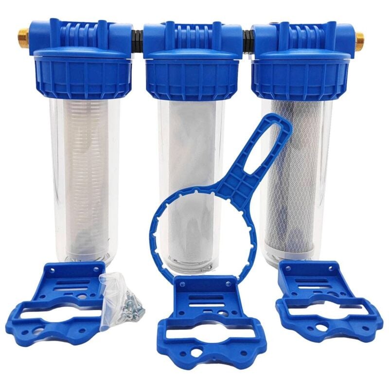 Triple Porte Filtre 9 pouces 3/4 - 20/27 Avec Cartouche 60 µm + 20µm + Filtre 2 En 1 (ca + 5µm)