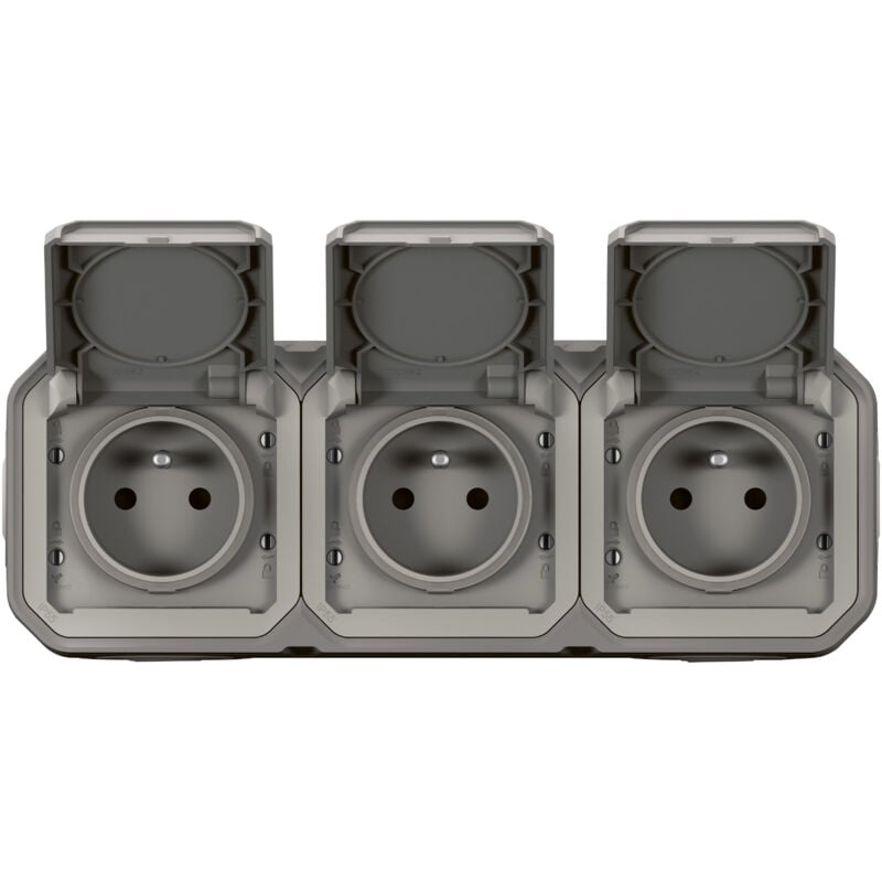 Legrand - Triple prise de courant horizontale avec volet Plexo complet saillie - gris