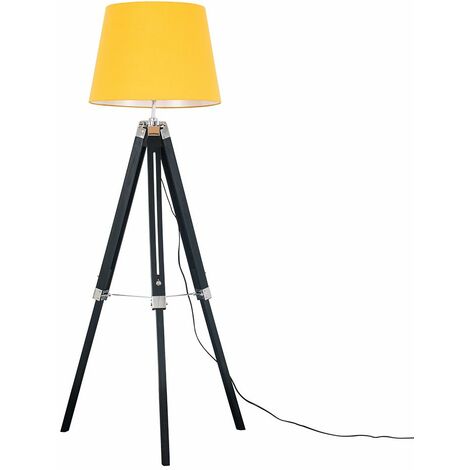 Black Wood & Chrome Tripod Floor Lamp