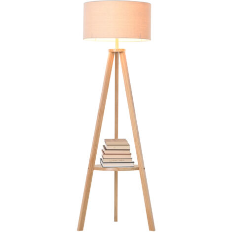 Tripod Floor Lamp, Freestanding Bedside Light Reading Light with Storage Shelf and Linen Shade for Living Room Bedroom, 154cm, Cream