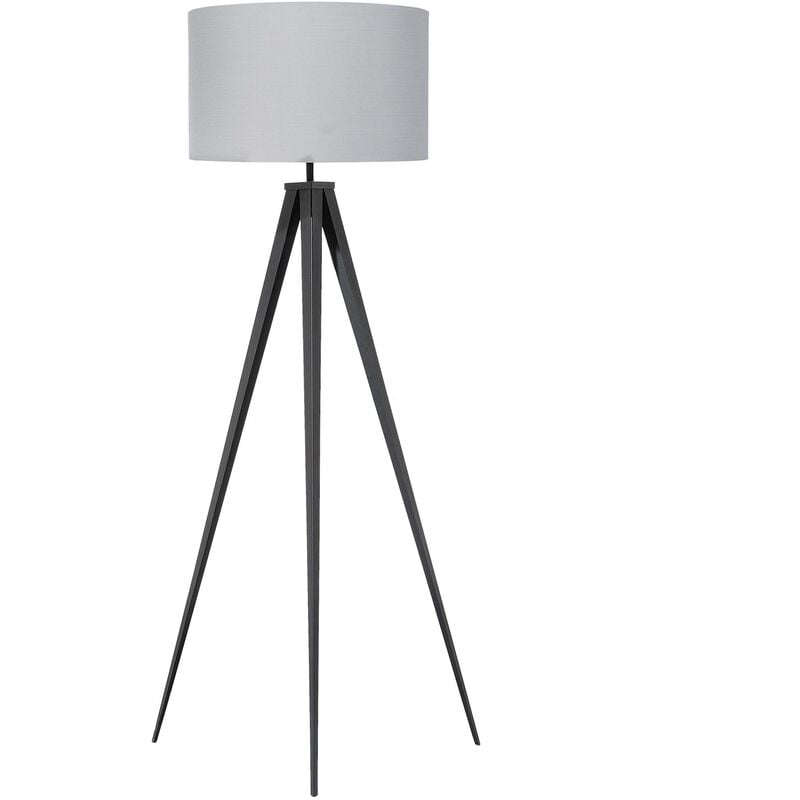 Contemporary Tripod Floor Lamp Black Legs Grey Drum Shade Stiletto