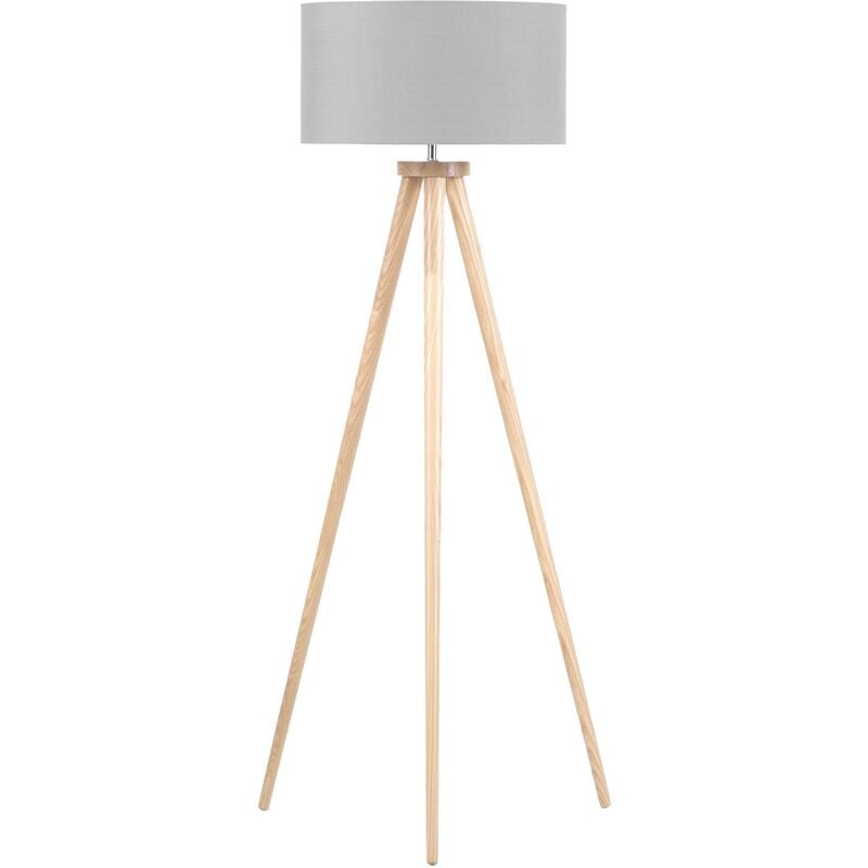 Modern Tripod Floor Lamp Solid Wood Base Grey Cylindrical Shade Nitra