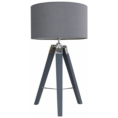 Tripod Grey & Chrome Table Lamp Large Drum Shade - White