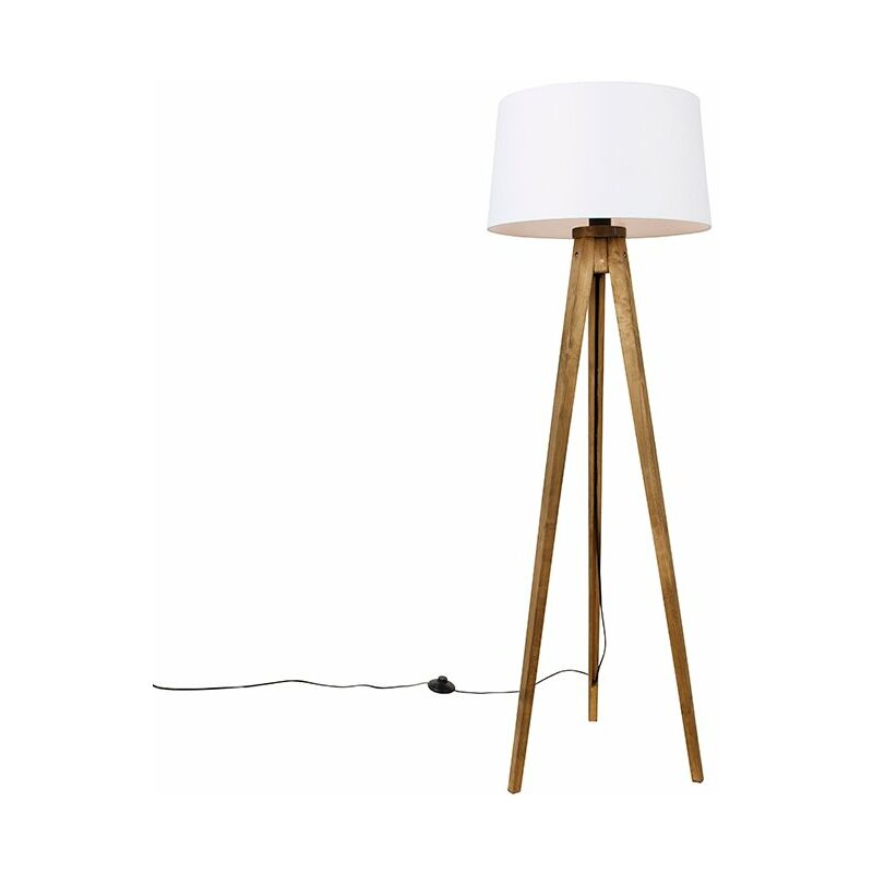 Qazqa - Rustic Tripod Vintage Wood with Linen Lampshade White 45 cm - Tripod Classic