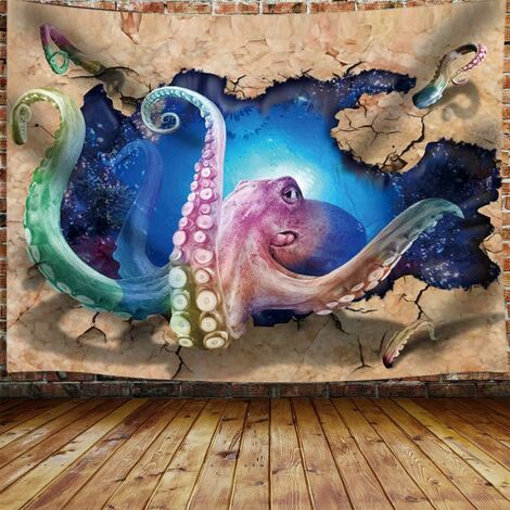 Trippy Octopus Petite Tapisserie, 3D Sea Animal Octopus Wear Tapisserie Murale Rustique Tenture Murale pour Chambre à Coucher, Ocean Graffiti Kids Hippie Tapisserie Couverture De Plage Collège Dortoir
