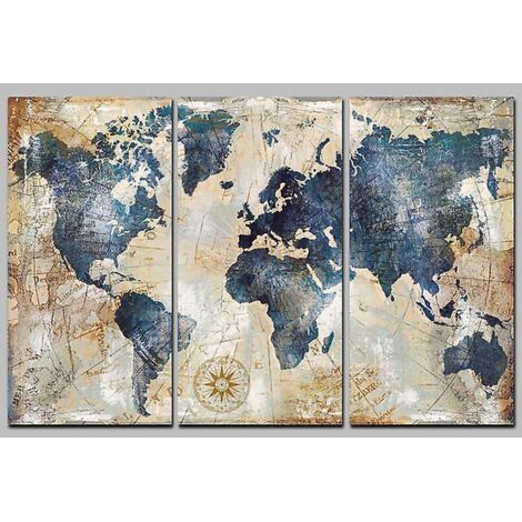 Triptyque sur toile représentant une carte du monde nautique - 90 x 60 cm - Rose des vents - Décoration murale