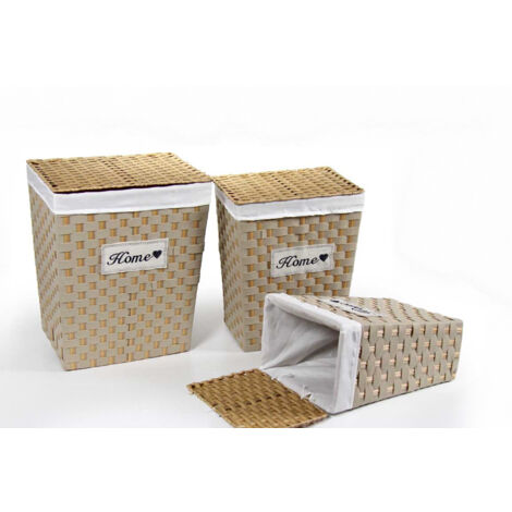 TRIS CESTE PORTABIANCHERIA IN VIMINI E TESSUTO HOME BIANCO E LEGNO NATURALE